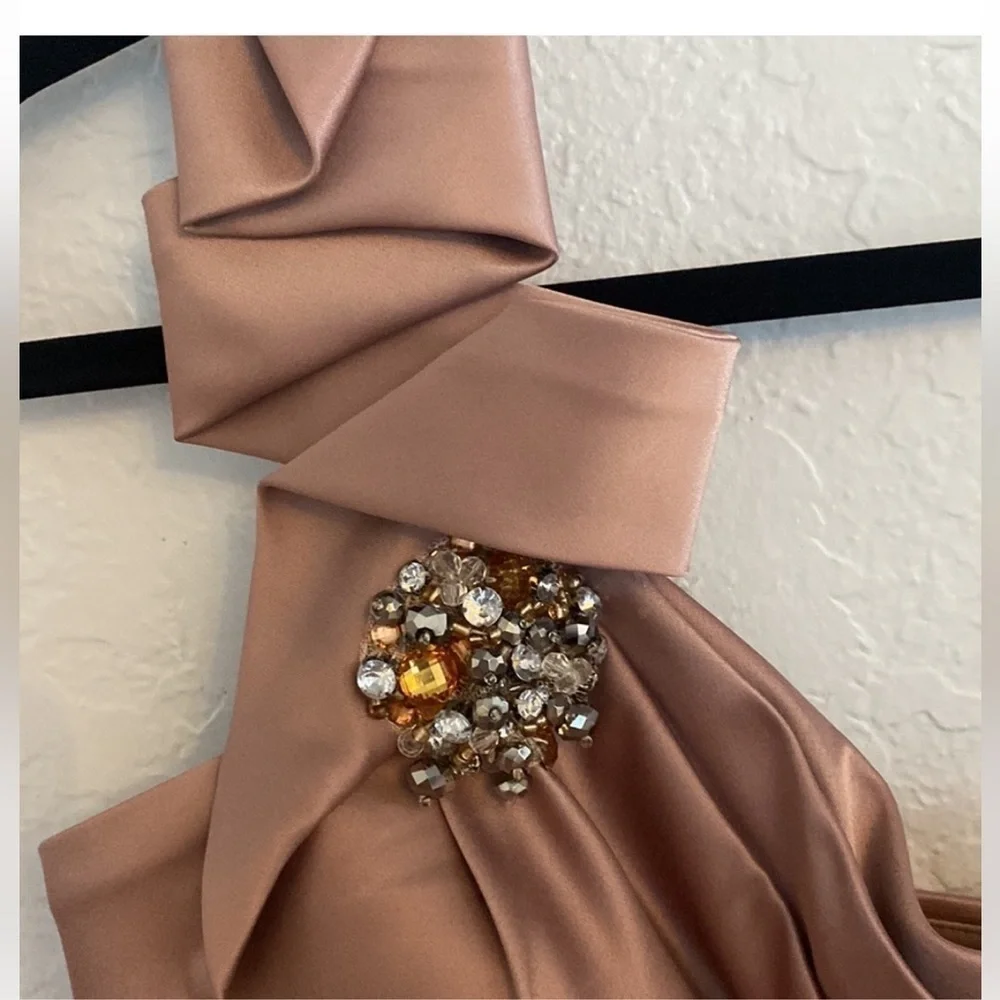 Cachet, Rose Gold Embellished One-Shoulder Dress, Side Zip, Ribboned Waist, 16